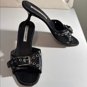 Manolo Blahnik Black Leather Kitten Heeled Sandals